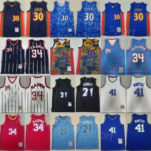 Basketball rétro Hakeem Olajuwon Jerseys 34 Man Vintage Stephen Curry 30 Kevin Garnett 21 Dirk Nowitzki 41 Stripe Bleu Marine Blanc Noir Rouge Orange Team Throwback