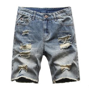 Pantalones cortos de verano azul retro para hombre, pantalones vaqueros cortos con agujeros rasgados, ropa de calle recta de cinco puntos de talla grande
