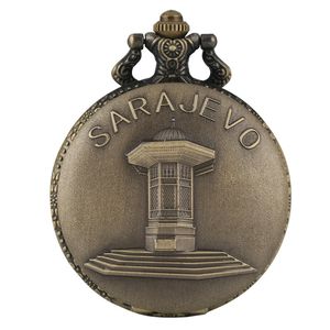 Rétro Bronze Sarajevo Sapele Pavillon Fontaine Affichage Montre De Poche Hommes Femmes Quartz Montre Souvenir Collier Chaîne Horloge Cadeaux