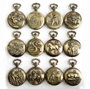Rétro, zodiaque chinois, montre collier, collection, décoration, mouvement à quartz, boîtier en alliage