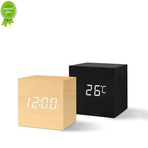Rétro bureau LED carré réveil commande vocale en bois Style nordique lumineux numérique alimenté horloge électronique USB/AAA alimenté