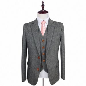 Style gentleman rétro Costumes homme gris classique Tweed costumes de mariage sur mesure pour hommes sur mesure blazer en laine hommes 3 pièces costume c4mz #