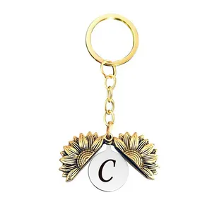 Retro Gold English Letter Sunflower Locket Key Ring