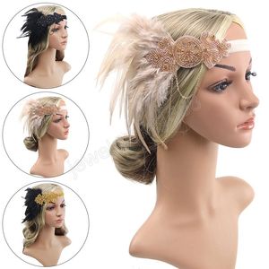 Accesorios para el cabello Retro para mujeres y niñas, diadema con lentejuelas de diamantes de imitación, tocado de fiesta Vintage con cuentas, diadema de plumas para el cabello