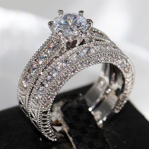 Ensemble de griffes d'amoureux de bijoux rétro, gemme de topaze de 8mm, or blanc 14 carats rempli, bague de fiançailles 2 en 1 pour femmes, ensemble pour cadeau de Noël, Sz 284d