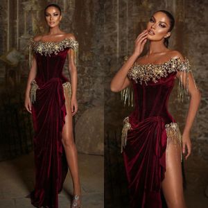 Robes de bal rétro cristal épaule dénudée perles robe de soirée strass gland côté fendu spécial occasion formelle robe de soirée sur mesure