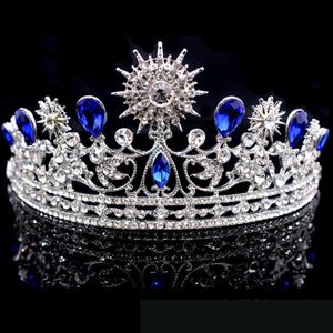 Retro Royal Blue Wedding Crown Tiara Headress for Prom Quinceanera Party Wear Crystal Beded Updo Half Hair Ornaments Bridal Jewelry 2 223N