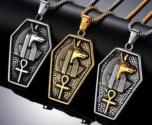 Rétro argent antique noir hommes acier inoxydable ancien Anubis égyptien pharaon copte l'ankh croix religieux pendentif collier