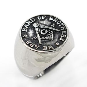 Retro Silver antique Black Square Compass en acier inoxydable Ring Freemason Masonic Gifts Item Bijoux avec des mots Nous sommes un groupe de frères