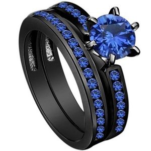 Tamaño retro 5/6/7/8/9/10 Joyería 10kt Oro negro Lleno de zafiro azul Gema Weddiing Mujeres Anillo Conjunto Regalo con caja