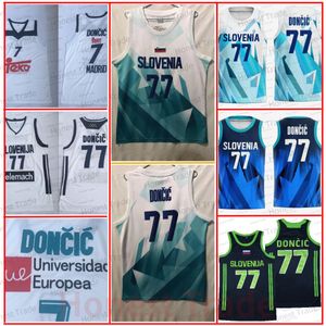 Maillot de basket rétro Slovenija Luka 77 7 Madrid blanc bleu noir hommes cousus maillots en tissu doux