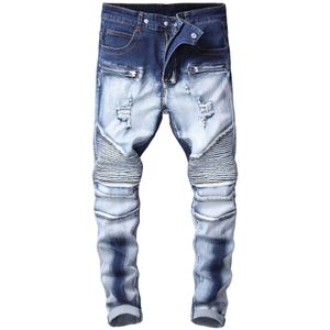 Rétro déchiré lavé blanc Denim jean hommes Slim Fit plissé jean hommes pantalon à la mode 2020 automne hiver serré cheville motard hommes jean X0621