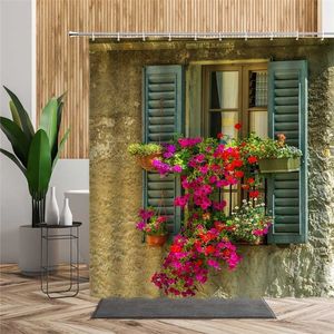 Retro Ventana Planta Flores Cortina de ducha Vintage Puerta de madera Fondo Accesorios de baño Cortinas de baño impermeables con gancho 211116