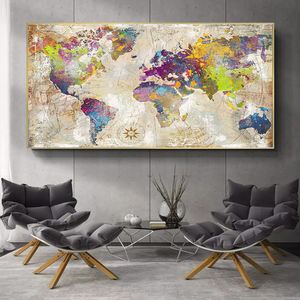 Retro World Map Pictures Affiches et imprimés Golden Wall Art Toile Paintes pour la décoration de salon