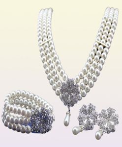 Rhodium Silver Tone Ivorycream Pearl Bridal Jewelry Set Collier Bracelet et boucles d'oreilles SETS3858358