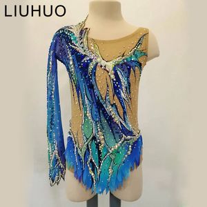 Rhythmic gymnastics leotards one-side sleeve children dance costumes handmade girls performance wear ballroom skating dress for girls