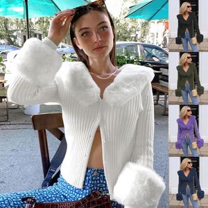 Cardigans tricotés côtelés chandails avec col en fourrure à manches longues Slim automne hiver pulls femmes tricots Chic