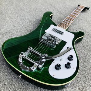 Raro 6 cuerdas Green 4003 Flame Maple Top Bajo eléctrico Bigs Tremolo Bridge, Pearloid Triangle Inlay