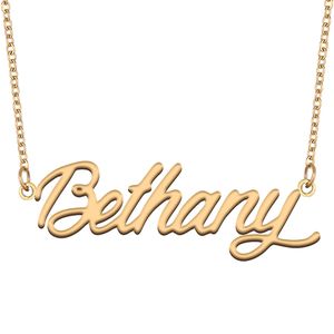 Collier nom Bethany pendentif plaque signalétique personnalisé pour femmes filles cadeau d'anniversaire enfants meilleurs amis bijoux en acier inoxydable plaqué or 18 carats