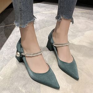 Rimocy Hook Loop Big Pearl High Pumps Mujeres Bling Crystal Square Heels Mary Jane Woman Point Toe Mocasines Shoes 220810