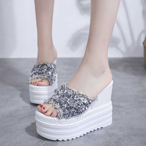 Rimocy Ladies Shiny Sequin Super High Heels Platform Sandals Sexy Peep Toe Wedges Chaussures pour Femmes Chunky Beach Slides Femme 210528