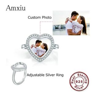 Anneaux Amxiu 100% 925 anneaux en argent Sterling Photo personnalisée réglable anneau ouvert bricolage enfants famille photos coeur anneaux pour bijoux de mariage