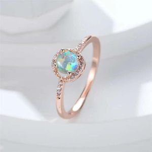 Anillos Anillos de banda Anillos de ópalo de fuego azul con piedra de nacimiento de arco iris simple para mujer Anillo redondo de color oro rosa Alianzas de boda Anillo fino apilable Je