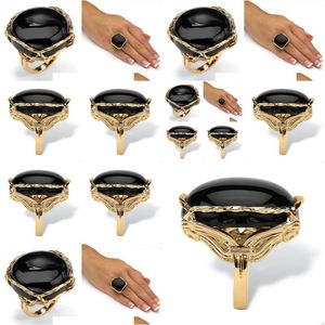 Anneaux Bague plaquée or Onyx noir naturel pour femmes hommes bohème fait à la main grand joint gothique bijoux accessoires livraison directe Dhjxy