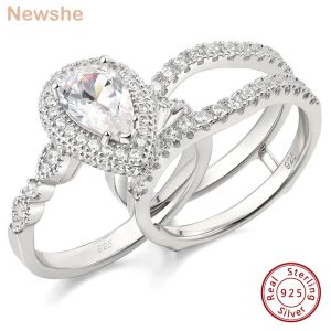 Anillos Newshe 2 piezas Sterling Sier Commacment Ann Bodancer Barda de boda para mujeres Pear Cut Aaaaa Cirón Joyería Tamaño 413