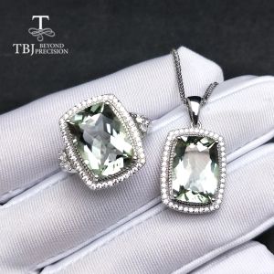 Anneaux TBJ, Big Natural Green Amethyst Quartz Gemstone Jewelry Set Pender and Ring in Sterling Sier Classic Classic Gift for Women