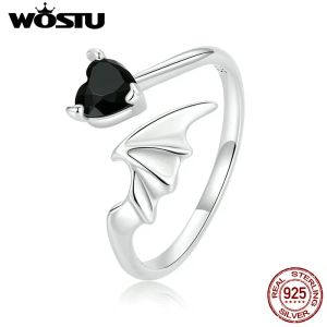 Anneaux Wostu 100% Sterling Sier Retro Devil Wing Open Ring For Women Exquisite Black Heart Zircon Ring Bijoux d'anniversaire