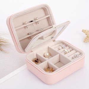 Caja organizadora de joyas con cremallera para anillos, soporte de exhibición con espejo, anillo, caja de almacenamiento de collares, regalo para mujer