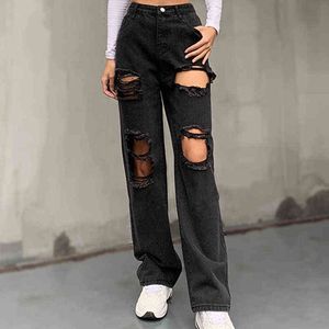 Jeans déchirés pour femmes taille haute Baggy Boyfriend Pantalon Y2K Teen Girls Straight Leg Vintage Denim Black Pantalon 211129