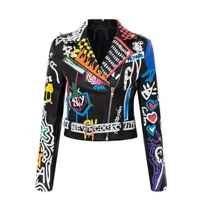 Chaqueta de cuero Pu con cuentas y remaches para mujer, chaquetas y abrigos de motociclista con estampado colorido de grafiti, ropa informal estilo PUNK