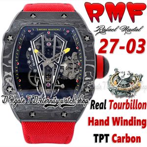 RMF ysf27-03 Montre pour Homme Véritable Tourbillon Mécanique à Remontage Manuel Noir TPT Boîtier en Fibre de Carbone Cadran Squelette Bracelet en Nylon Rouge Super Edition Montres Sport éternité