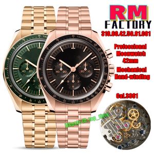 RMFactory Relojes RMF Profesional 42 mm Moonwatch 3861 Cuerda manual Cronógrafo Reloj para hombre Esfera negra Pulsera de oro rosa Relojes de pulsera para caballeros