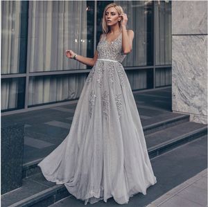 Bata De Tul Vestidos De Fiesta Largos Mujeres Bastante Elegante Una Línea De Cuello En V Apliques De Encaje Vestido De Fiesta Formal De Noche