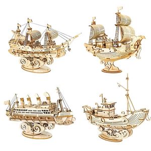 Robotime New 4 Kinds DIY Vintage Sailing Ship 3D Wooden Puzzle Game Assembly Boat Toy Gift for Children Teens Adult TG 201218