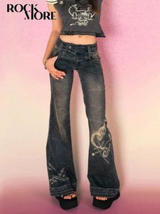Rockmore Y2K Low Rise Flare Jeans for Woman Streetwear Aesthetic Print Jean Pants Vintage Washed Denim Trouser Grunge Fairycore 240110
