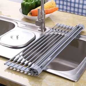 Rejilla enrollable para secar platos sobre el fregadero, alfombrilla multiusos de silicona para secar platos, extragrande, gris Y200429217c