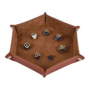 Rolling Folding Hexagon Dice Game Storage Tray PU Leather Velvet Mat Holder Double Sided Thick Office Supplies Storage Tools 231220