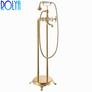 Rolya Crystal Golden Robinets de baignoire montés au sol Robinets de remplissage de baignoire sur pied