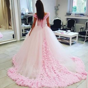 Romantique Plage A-ligne Robe De Mariée Rose Tulle Robe De Bal De L'épaule Exquis Fleurs 3D Coset Robes De Mariée Cour Train Sur Mesure