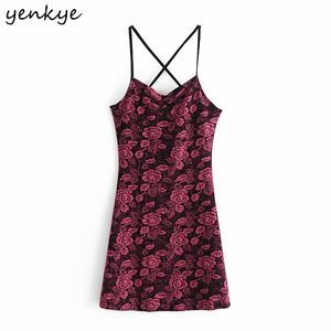 Romántico Floral Rose Sexy Backless Sling Dress Mujeres sin mangas Halter Bodycon Mini Mujer Summer Party Vestido 210430