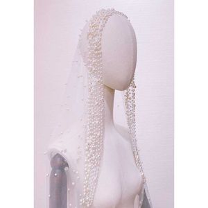 Romantic Trailing Cathedral Wedding Veil One-Layer Pearl Beading Headpiece X0726