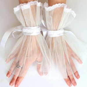 Elegant Fingerless Tulle Bridal Gloves with Lace Trim - Wrist Length, White Wedding Accessories for Brides AL6943