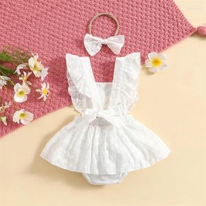 Barboteuses broderie florale bébé filles été barboteuse robe solide blanc à volants sans manches combishort avec bandeau dos nu robe d'été