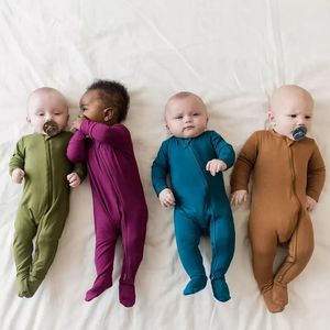 Mamelucos moda bebé fibra de bambú niño niña ropa de manga larga con pies nacido bebé bebe mono cremallera 231202