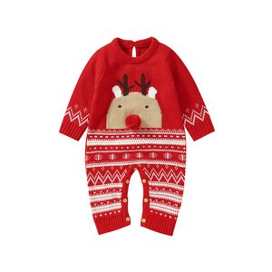 Barboteuses tricotées acryliques à manches longues rouge de Noël imprimé renne né bébé garçons filles 018M infantile printemps automne body 230919