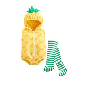 Mamelucos Lovely Baby Girl Boy Clothing Infant Pineapple Shaped Cosplay Costume Baby Romper sin mangas con capucha JumpsuitSocks Outfit 230320